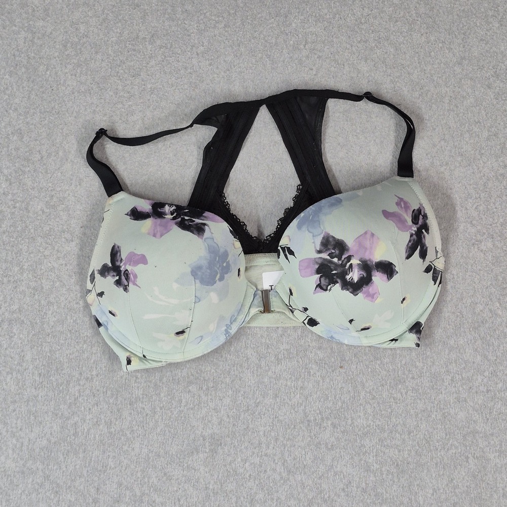 Cacique Women Bra 36DD Mint Floral Boost Plunge Push Up Underwired Front Close